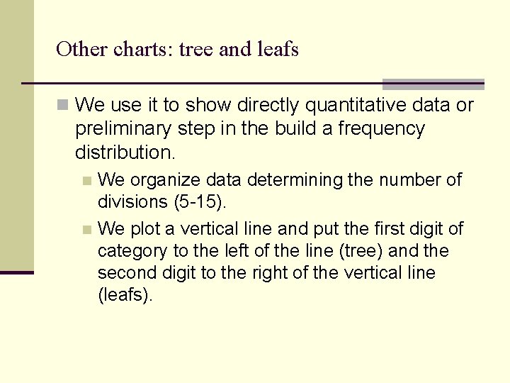 Other charts: tree and leafs n We use it to show directly quantitative data Other charts: tree and leafs n We use it to show directly quantitative data