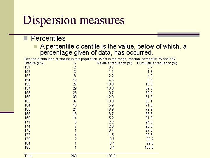 Dispersion measures n Percentiles n A percentile o centile is the value, below of