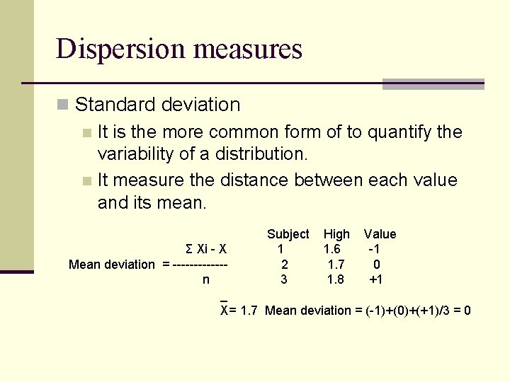 Dispersion measures n Standard deviation n It is the more common form of to Dispersion measures n Standard deviation n It is the more common form of to