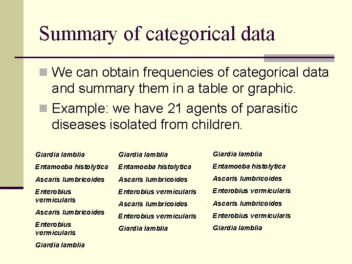 Summary of categorical data n We can obtain frequencies of categorical data and summary Summary of categorical data n We can obtain frequencies of categorical data and summary