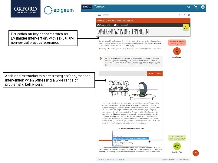 Education on key concepts such as Bystander Intervention, with sexual and non-sexual practice scenarios