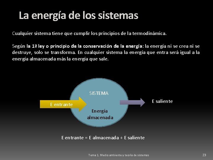 La energía de los sistemas Cualquier sistema tiene que cumplir los principios de la