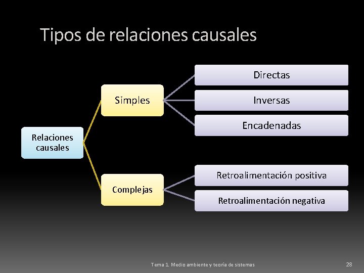 Tipos de relaciones causales Directas Inversas Simples Encadenadas Relaciones causales Retroalimentación positiva Complejas Retroalimentación