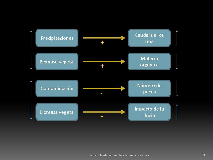 Precipitaciones Biomasa vegetal Contaminación Biomasa vegetal + Caudal de los ríos + Materia orgánica