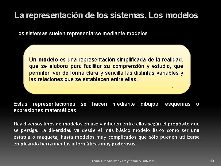 La representación de los sistemas. Los modelos Los sistemas suelen representarse mediante modelos. Un