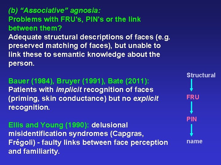 (b) “Associative” agnosia: Problems with FRU's, PIN's or the link between them? Adequate structural