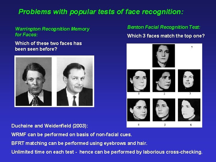 Problems with popular tests of face recognition: Warrington Recognition Memory for Faces: Benton Facial
