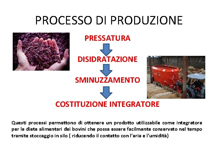 PROCESSO DI PRODUZIONE PRESSATURA DISIDRATAZIONE SMINUZZAMENTO COSTITUZIONE INTEGRATORE Questi processi permettono di ottenere un