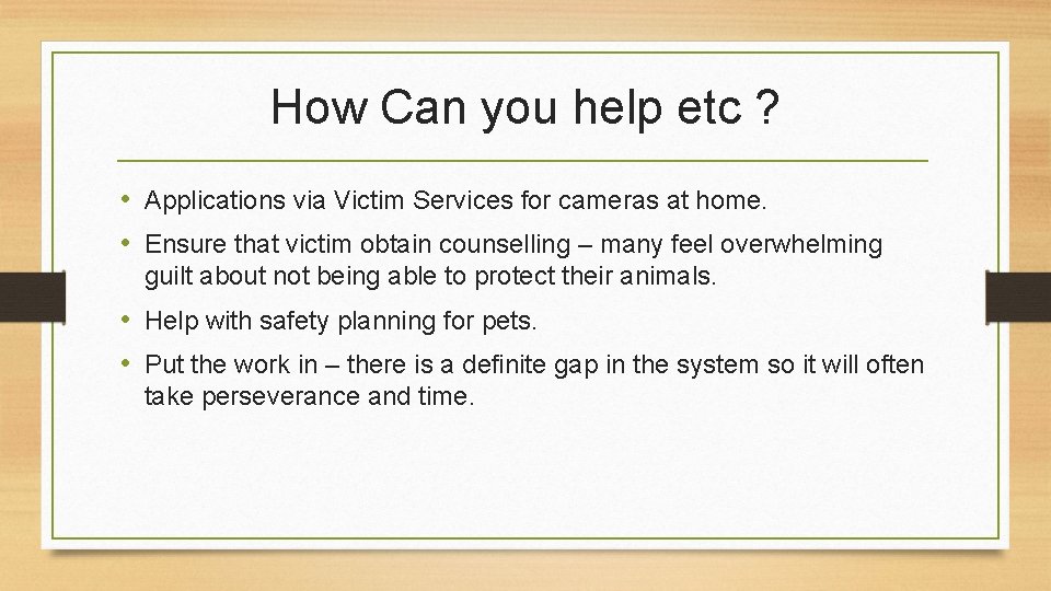 How Can you help etc ? • Applications via Victim Services for cameras at