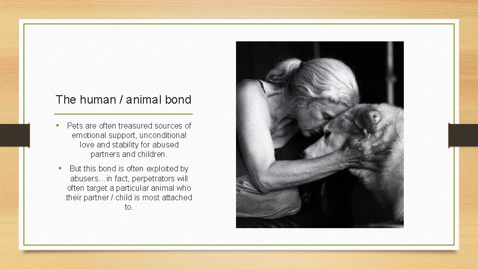 The human / animal bond • Pets are often treasured sources of emotional support,