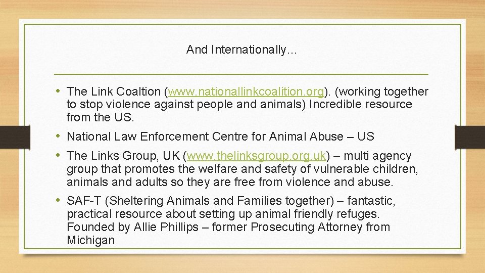 And Internationally… • The Link Coaltion (www. nationallinkcoalition. org). (working together to stop violence