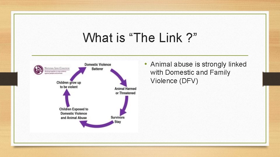 What is “The Link ? ” • Animal abuse is strongly linked with Domestic