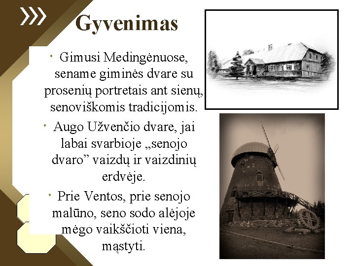 Gyvenimas Gimusi Medingėnuose, sename giminės dvare su prosenių portretais ant sienų, senoviškomis tradicijomis. Augo