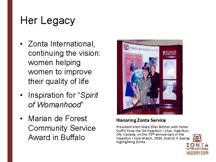 Her Legacy • Zonta International, continuing the vision: women helping women to improve their