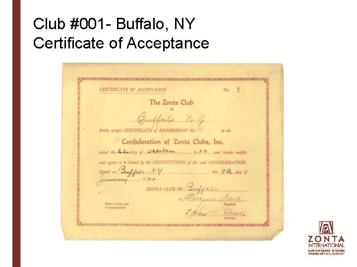 Club #001 - Buffalo, NY Certificate of Acceptance 