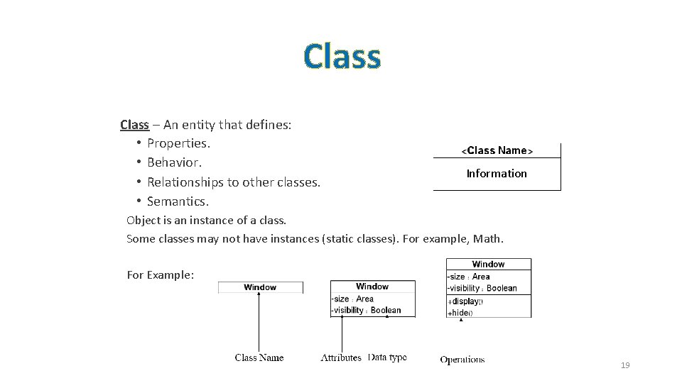 Class – An entity that defines: • Properties. • Behavior. • Relationships to other