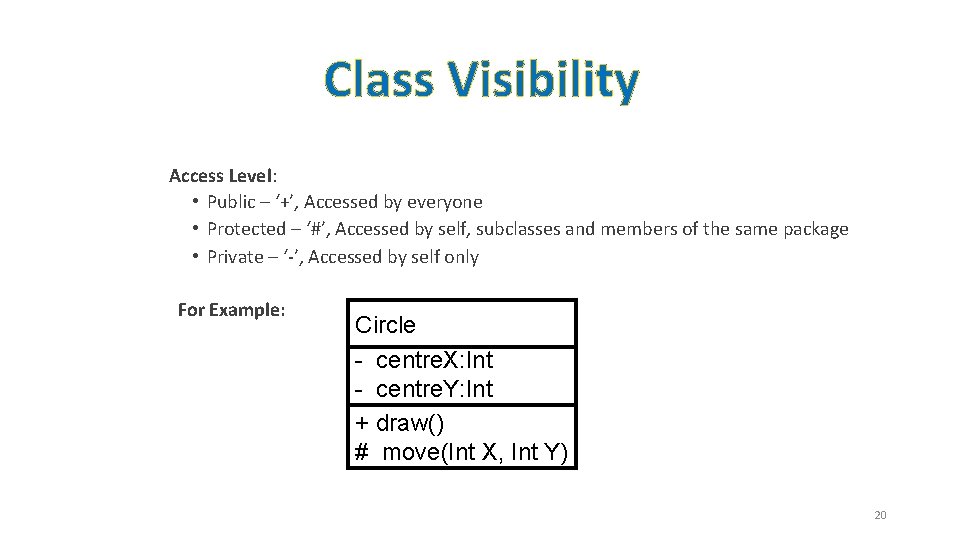 Class Visibility Access Level: • Public – ‘+’, Accessed by everyone • Protected –