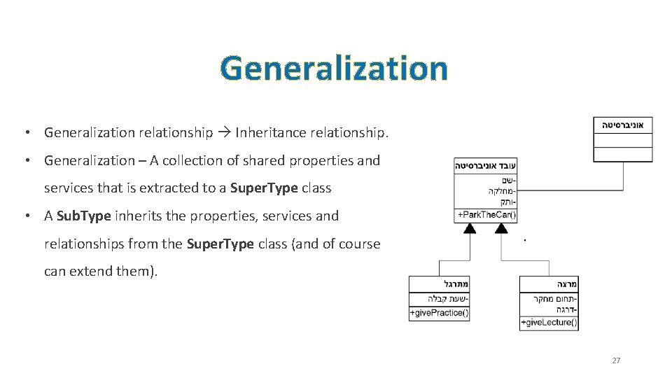 Generalization • Generalization relationship Inheritance relationship. • Generalization – A collection of shared properties