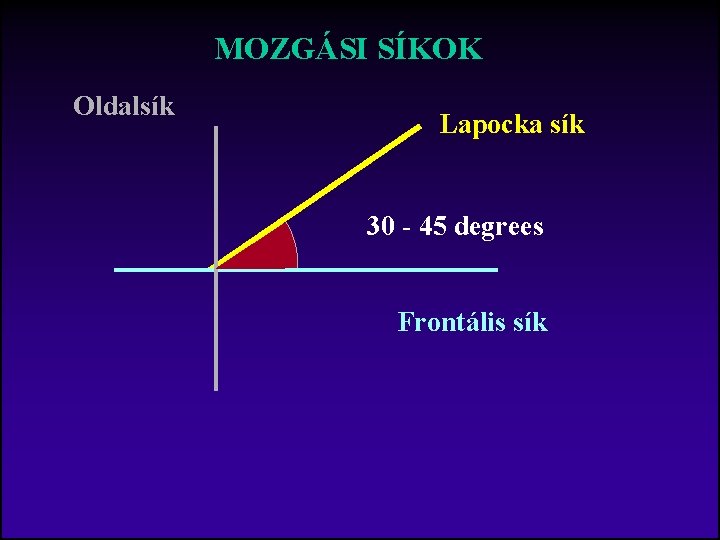 MOZGÁSI SÍKOK Oldalsík Lapocka sík 30 - 45 degrees Frontális sík 