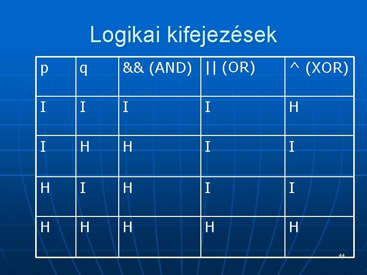 Logikai kifejezések p q && (AND) || (OR) ^ (XOR) I I H I Logikai kifejezések p q && (AND) || (OR) ^ (XOR) I I H I
