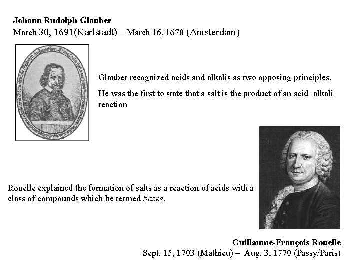 Johann Rudolph Glauber March 30, 1691(Karlstadt) – March 16, 1670 (Amsterdam) Glauber recognized acids