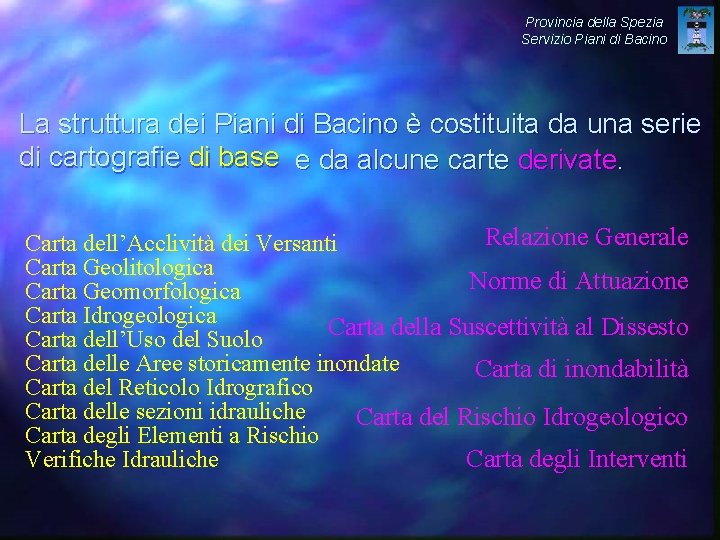 Provincia della Spezia Servizio Piani di Bacino La struttura dei Piani di Bacino è