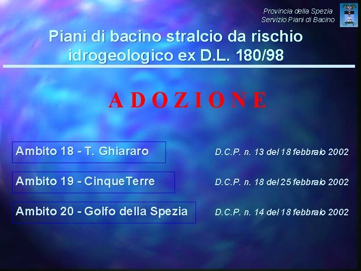 Provincia della Spezia Servizio Piani di Bacino Piani di bacino stralcio da rischio idrogeologico