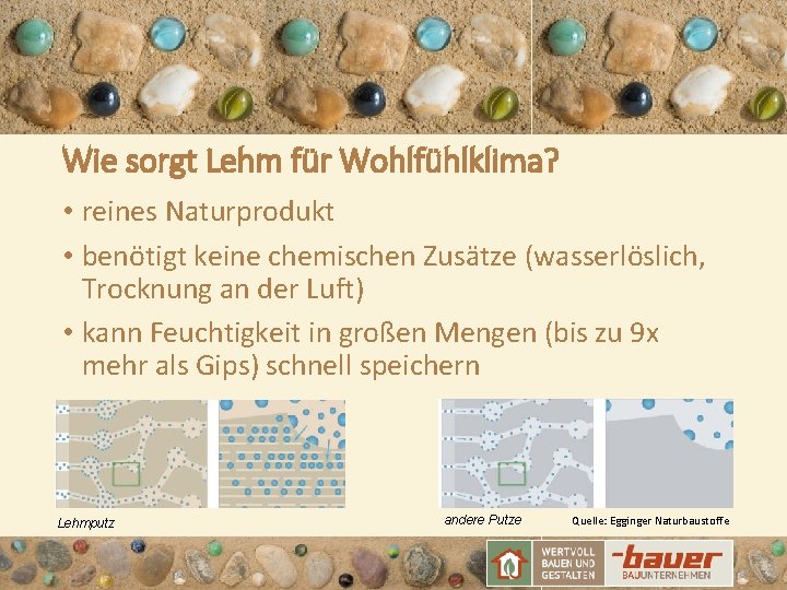 Wie sorgt Lehm für Wohlfühlklima? • reines Naturprodukt • benötigt keine chemischen Zusätze (wasserlöslich,