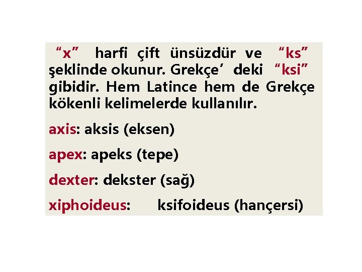 “x” harfi çift ünsüzdür ve “ks” şeklinde okunur. Grekçe’deki “ksi” gibidir. Hem Latince hem