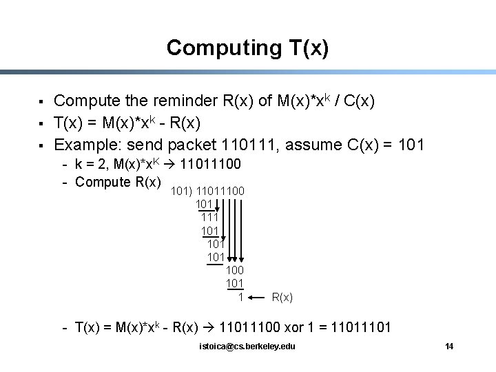 Computing T(x) § § § Compute the reminder R(x) of M(x)*xk / C(x) T(x)