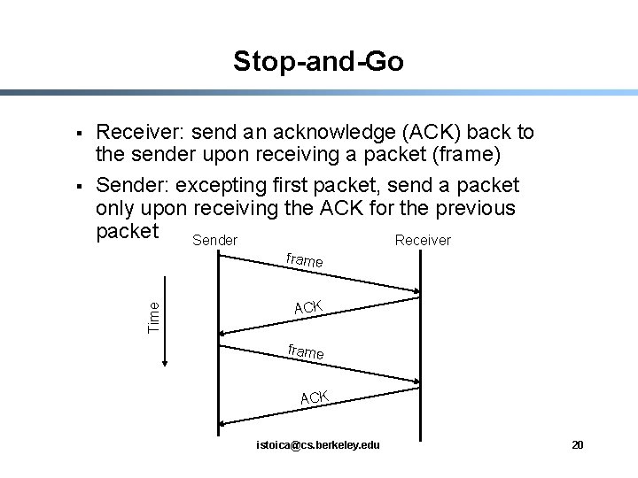 Stop-and-Go § Receiver: send an acknowledge (ACK) back to the sender upon receiving a