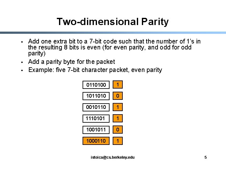 Two-dimensional Parity § § § Add one extra bit to a 7 -bit code