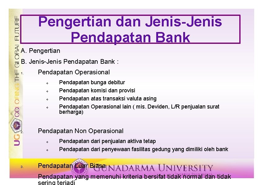 Pengertian dan Jenis-Jenis Pendapatan Bank A. Pengertian B. Jenis-Jenis Pendapatan Bank : 1. Pendapatan