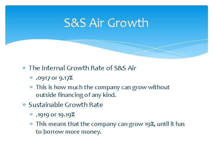 S&S Air Growth The Internal Growth Rate of S&S Air . 0917 or 9.