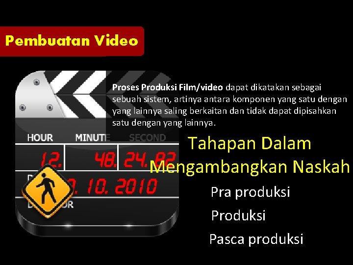 Pembuatan Video Proses Produksi Film/video dapat dikatakan sebagai sebuah sistem, artinya antara komponen yang