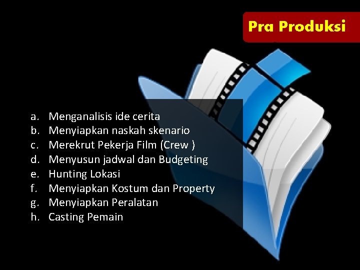 Pra Produksi a. b. c. d. e. f. g. h. Menganalisis ide cerita Menyiapkan