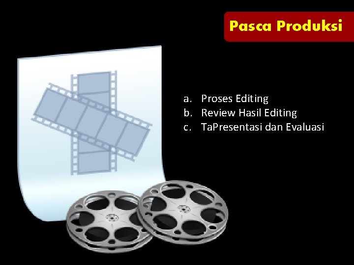 Pasca Produksi a. Proses Editing b. Review Hasil Editing c. Ta. Presentasi dan Evaluasi