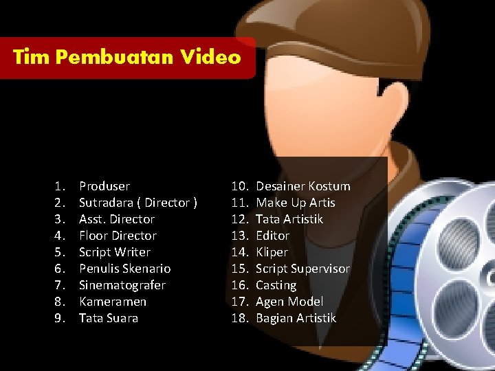 Tim Pembuatan Video 1. 2. 3. 4. 5. 6. 7. 8. 9. Produser Sutradara