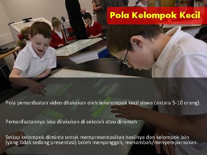 Pola Kelompok Kecil Pola pemanfaatan video dilakukan oleh sekelompok kecil siswa (antara 5 -10