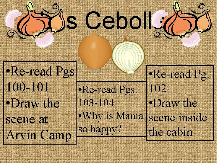 Las Cebollas • Re-read Pgs. 100 -101 • Re-read Pgs. • Draw the 103