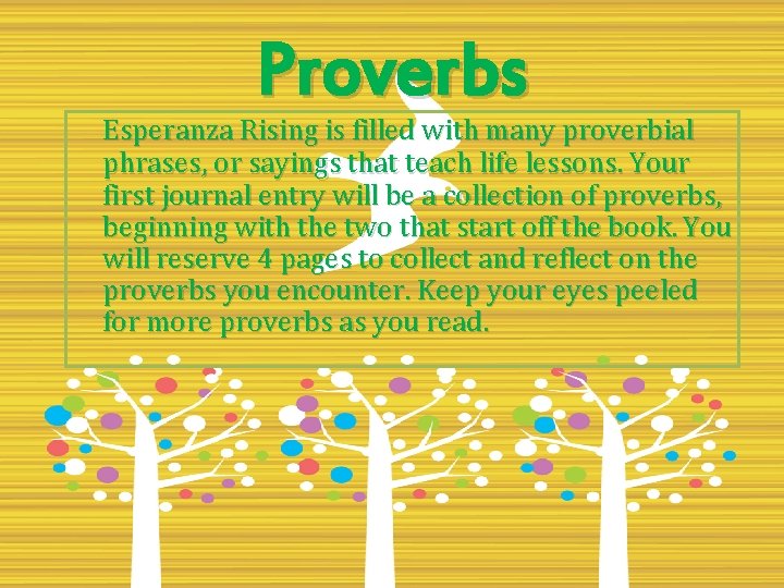 Proverbs Esperanza Rising is filled with many proverbial phrases, or sayings that teach life