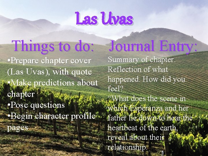 Las Uvas Things to do: Journal Entry: • Prepare chapter cover (Las Uvas), with