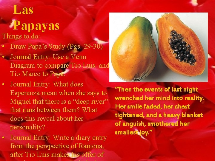 Las Papayas Things to do: • Draw Papa’s Study (Pgs. 29 -30) • Journal