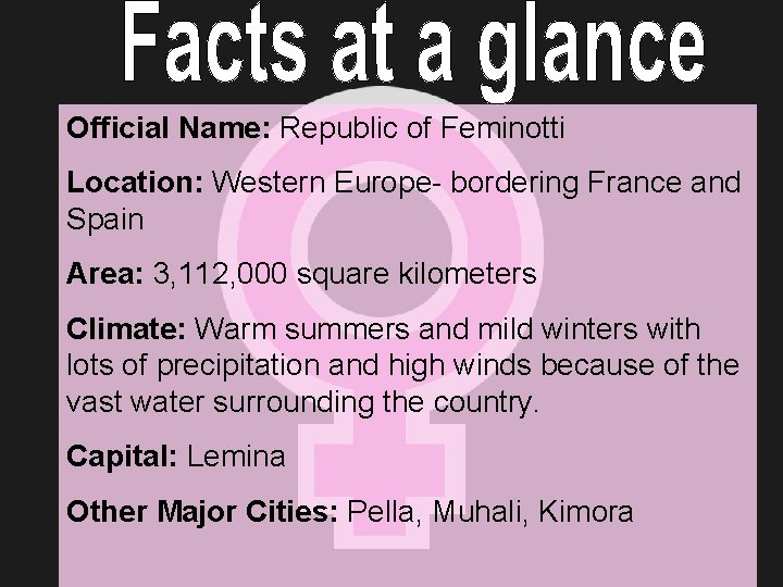 Official Name: Republic of Feminotti Location: Western Europe- bordering France and Spain Area: 3,