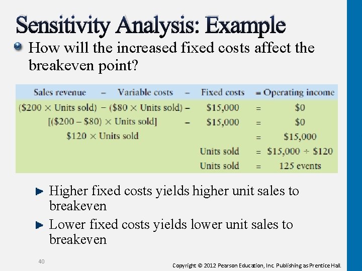 Sensitivity Analysis: Example How will the increased fixed costs affect the breakeven point? Higher