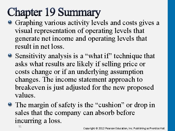 Chapter 19 Summary Graphing various activity levels and costs gives a visual representation of