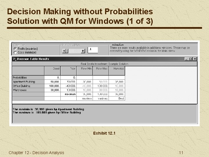 Decision Making without Probabilities Solution with QM for Windows (1 of 3) Exhibit 12.