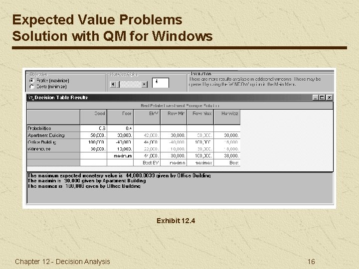Expected Value Problems Solution with QM for Windows Exhibit 12. 4 Chapter 12 -