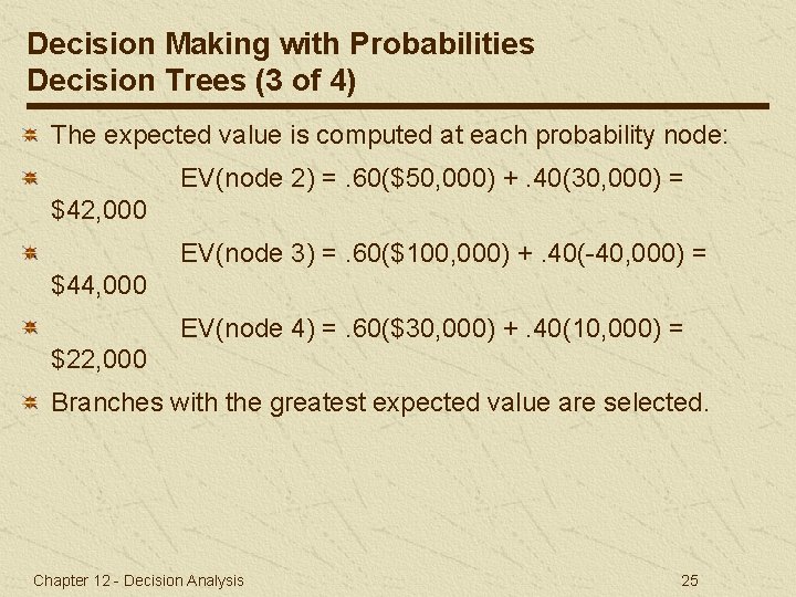 Decision Making with Probabilities Decision Trees (3 of 4) The expected value is computed