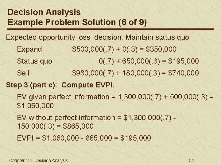 Decision Analysis Example Problem Solution (6 of 9) Expected opportunity loss decision: Maintain status